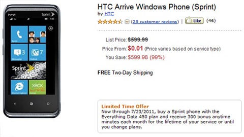 SprintHTCArrive1CentAmazon
